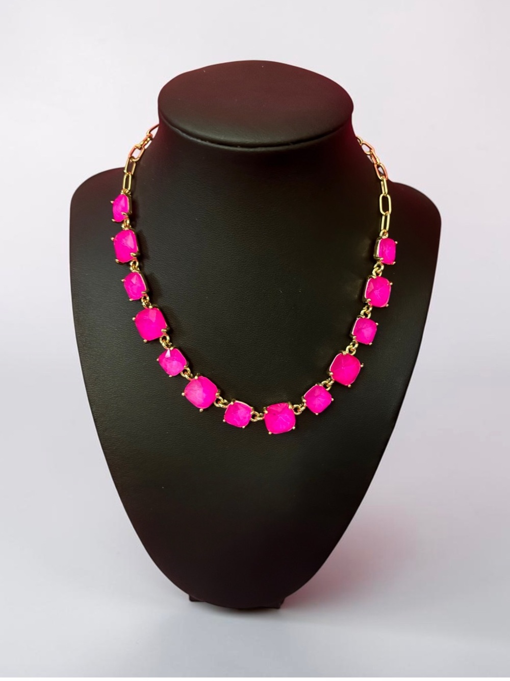 Pink Fuchsia Cushion Cut Glass Link Rectangle Necklace